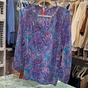 Floral V-Neck Blouse - Purple and Blue